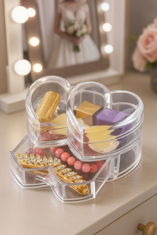 DoubleHeart Shape 3Portions Drawer Acrylic Jewelry Organizer with Box Packinng