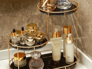 2 LAYER GOLDEN IRON COSMETICS DISPLAY SHELF ORGANIZER - ZAYNAB MART