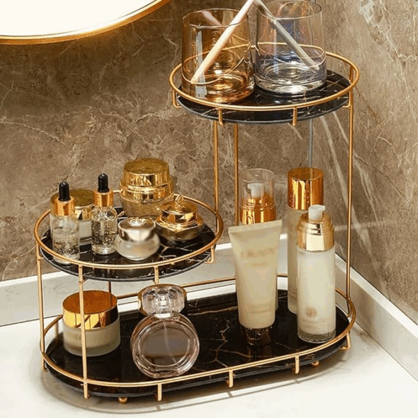 3-tier golden vanity stand cosmetic display - zaynab mart