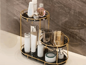 3-tier golden vanity stand cosmetic display - zaynab mart