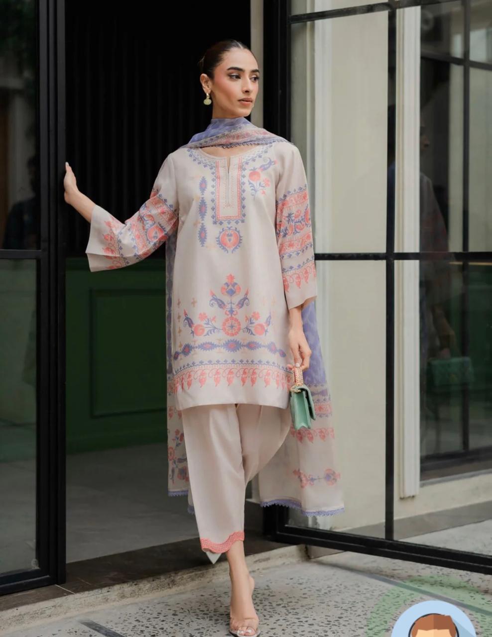 Beige & Coral Geometric Print Suit