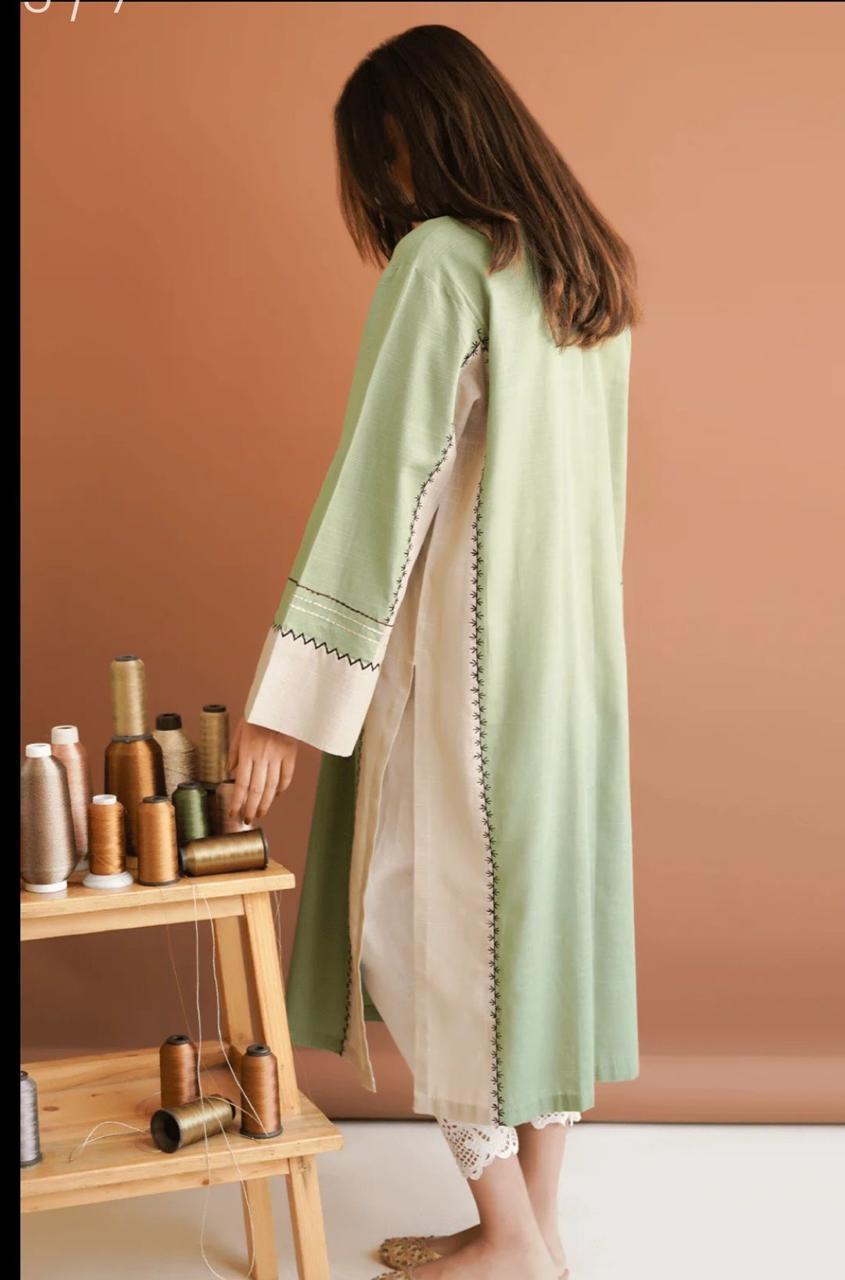 Olive Green Contrast Stitch Kurta Set gallery image #1