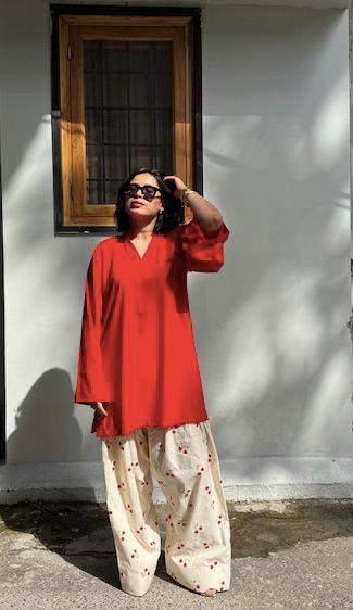 Red Tunic with Cherry Print Pants
