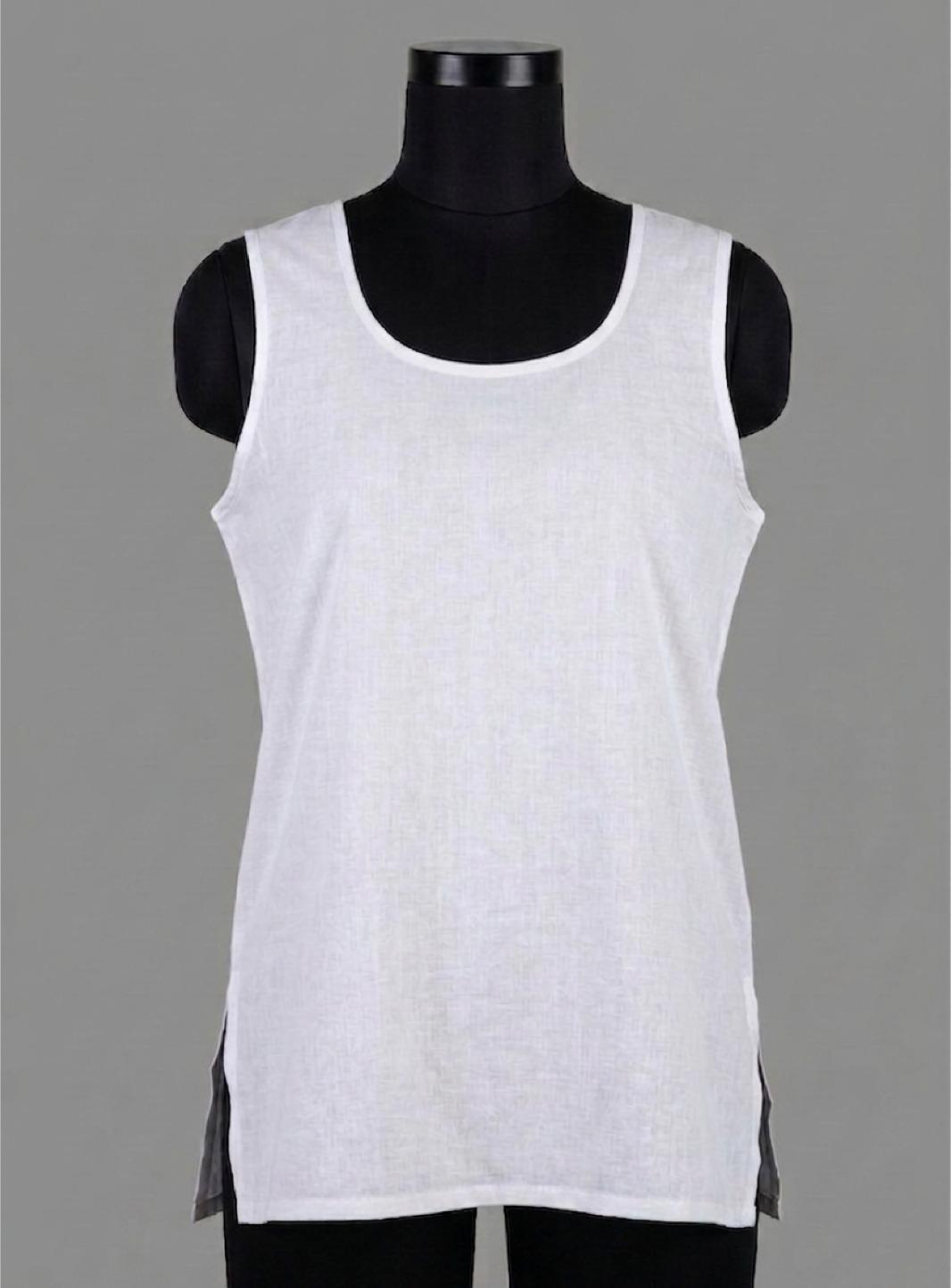 Ready to wear sleeveless white lawn camisole with round neck.