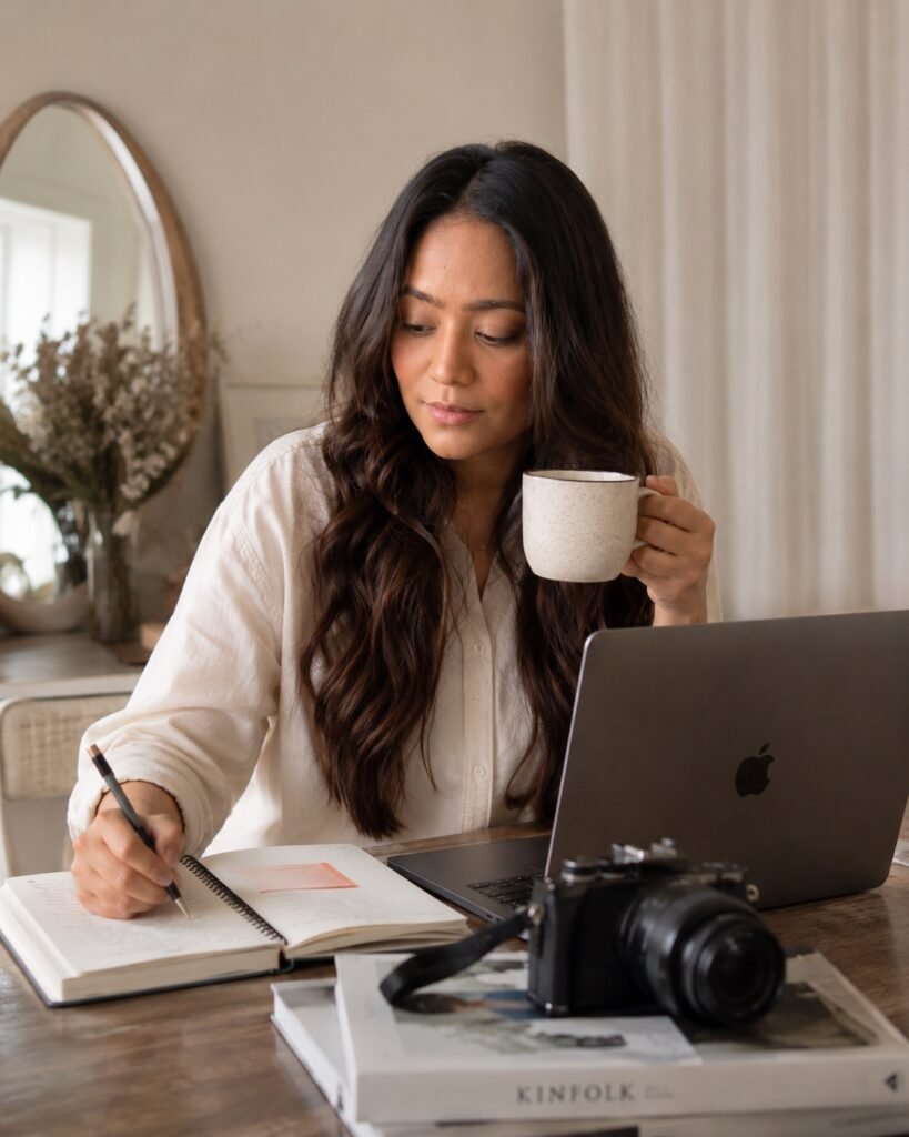 Maha Khalid, CEO and Co-Founder of Tajer, writing notes at her desk