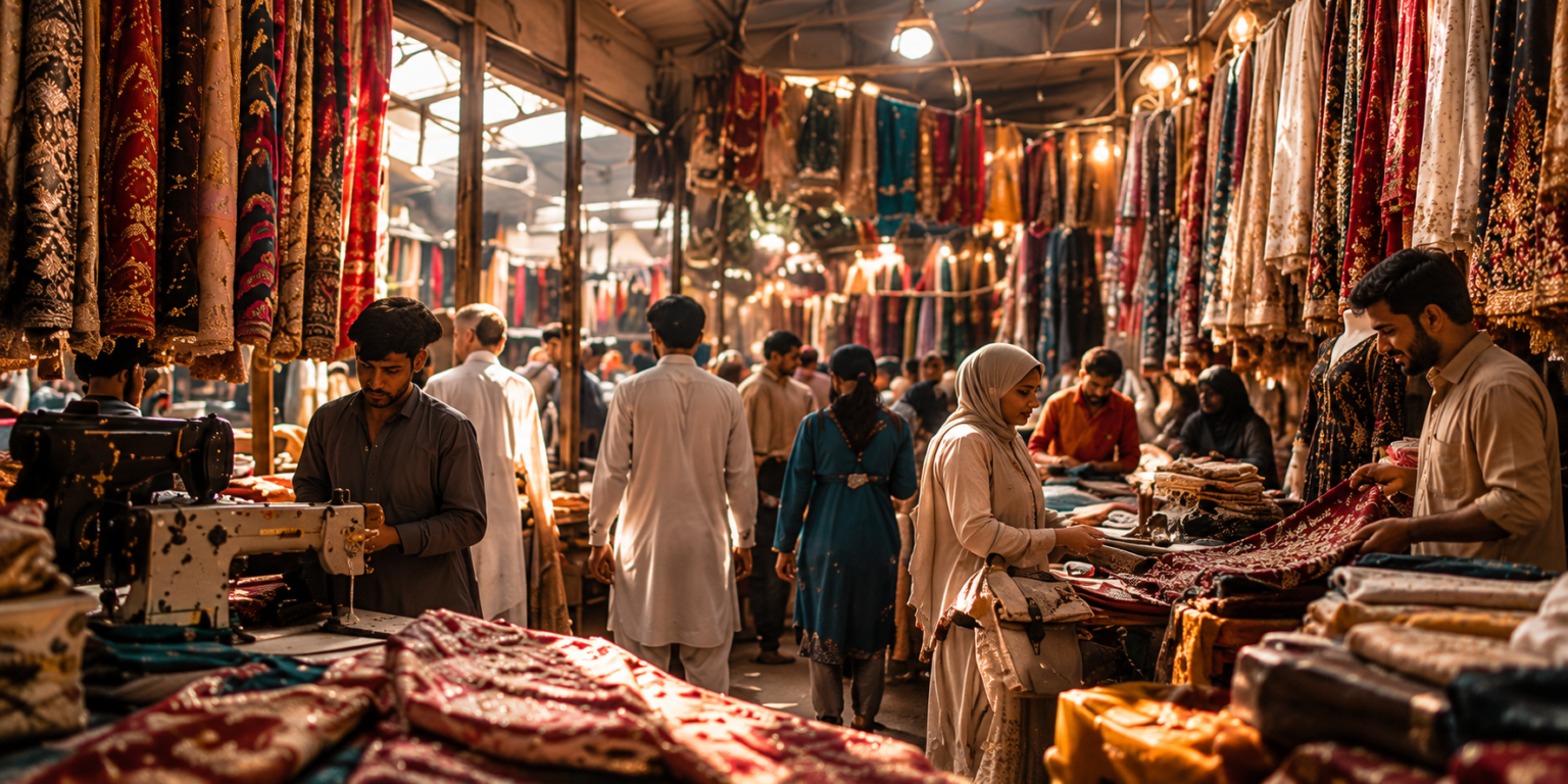 A busy textile bazaar with embroidered fabrics hanging above the stalls as shoppers and sellers browse