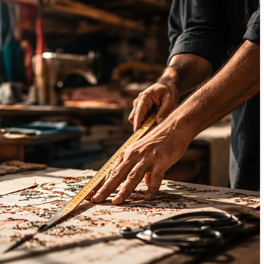 Hands measuring embroidered fabric with a ruler beside a pair of scissors