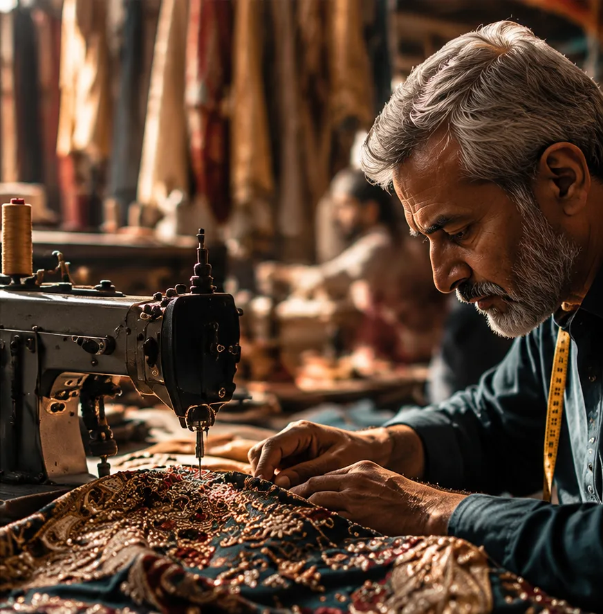 A tailor stitching embellished cloth on a sewing machine